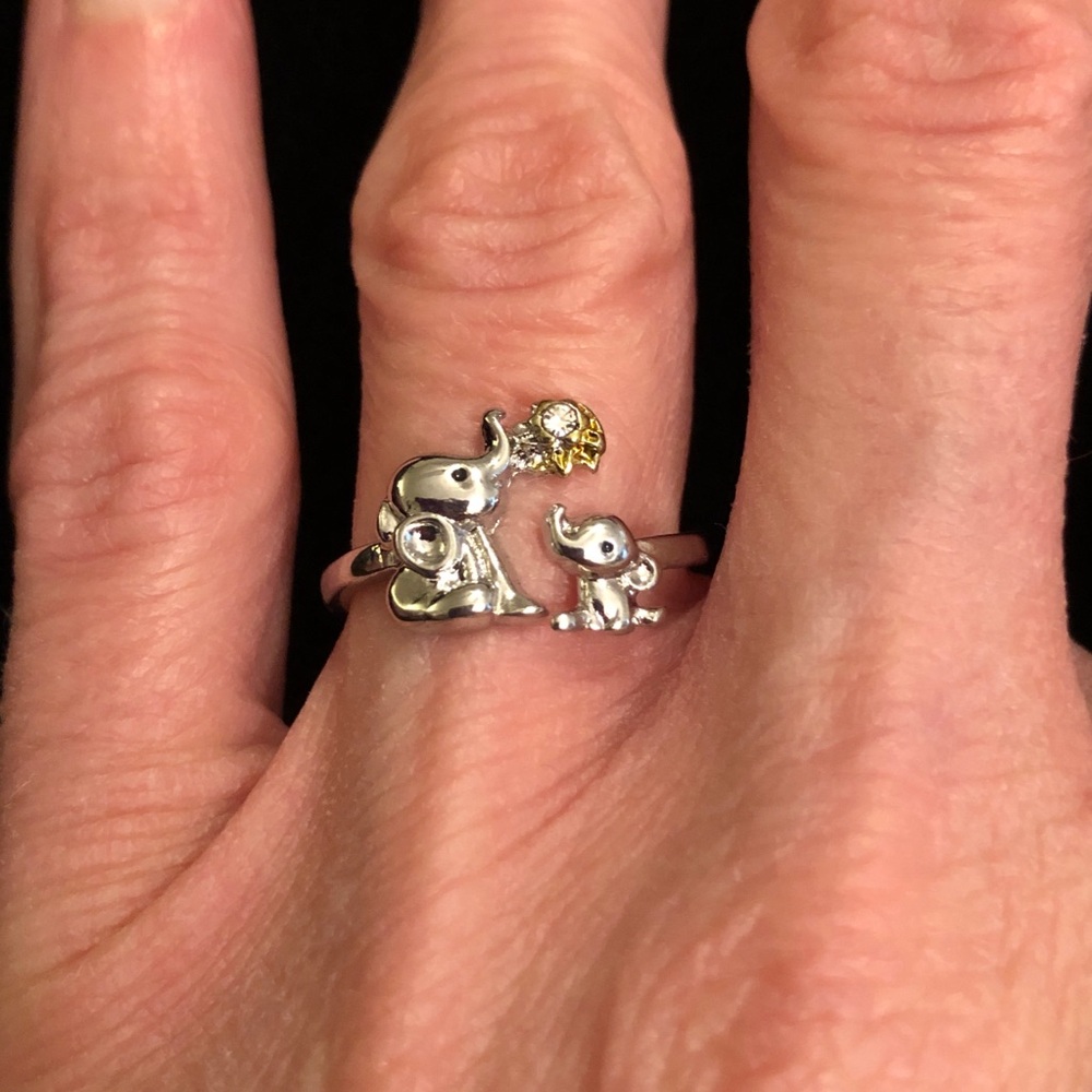 Silver Tone Mama and Baby Elephant Ring with Gold Accents
